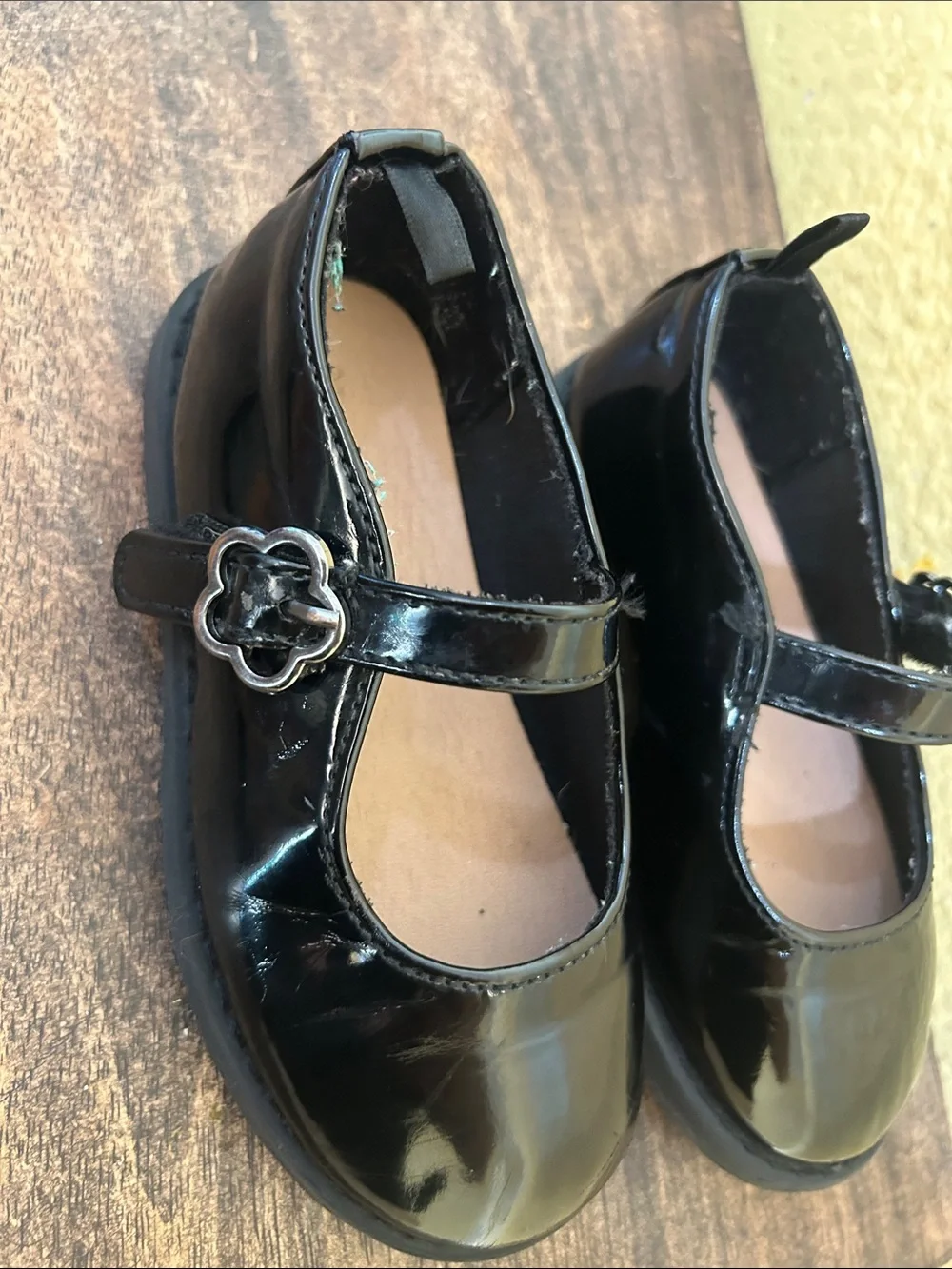 Old Navy Black Patent Mary Jane Shoes with Flower Buckle